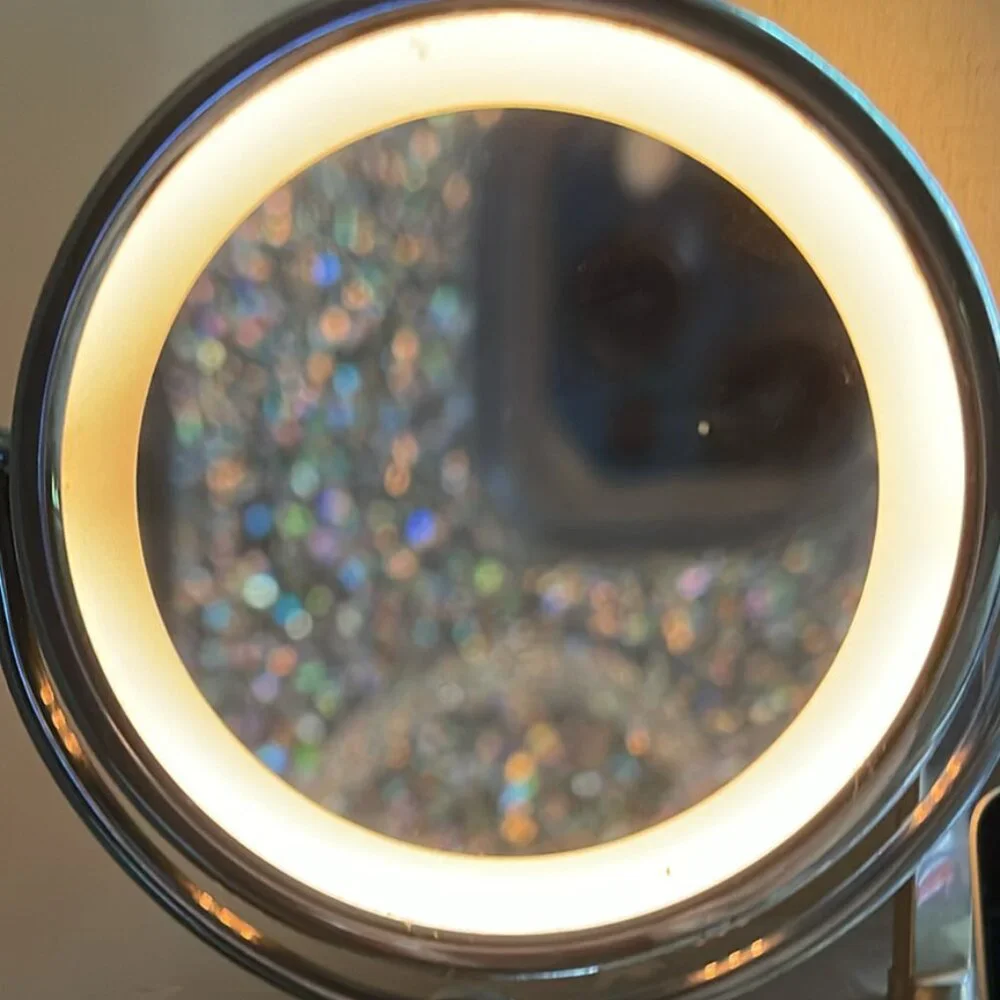 lighted, double-sided, freestanding vanity makeup mirror
